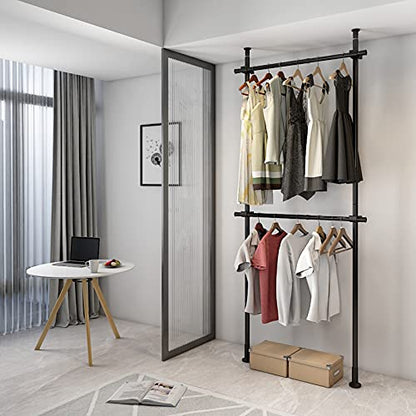 Heavy-Duty Floor to Ceiling Drying Rack, 2 Tier Adjustable Freestanding Clothes Organizer with Double Rods, 220.46LBS Capacity No-Drill Closet Rack for Home Use(Black)