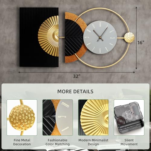 32"x16" Large Modern Silent Non-Ticking Wall Clocks for Living Room | Mid-Century modern abstract asymmetrical design,metal frame,gray dial,gold finish,kitchen,bedroom,office use,battery operated - color: Black-32x16 Inch, size: Medium