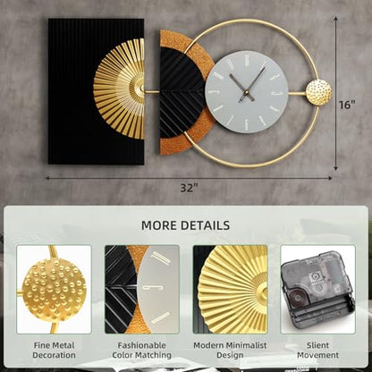 32"x16" Large Modern Silent Non-Ticking Wall Clocks for Living Room | Mid-Century modern abstract asymmetrical design,metal frame,gray dial,gold finish,kitchen,bedroom,office use,battery operated - color: Black-32x16 Inch, size: Medium