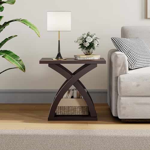 ChooChoo Side Table, Modern End Table with Storage Shelf, X-Design | Simple shape, Living Room, Brown - color: Espresso, size: 15.7"D x 21.7"W x 19.6"H
