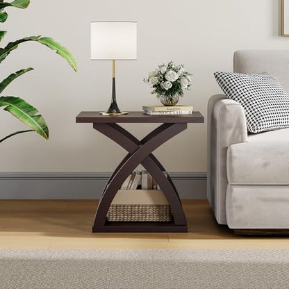 ChooChoo Side Table, Modern End Table with Storage Shelf, X-Design | Simple shape, Living Room, Brown - color: Espresso, size: 15.7"D x 21.7"W x 19.6"H