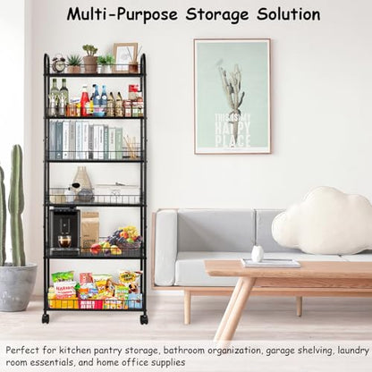 6 Tier Rolling Storage Cart on Wheels, Slim Tall Narrow Storage Shelf for Small Spaces, Metal Utility Cart Freestanding Mobile Shelving Rack with Wheels for Kitchen, Bathroom, Laundry Room - size: 10 in Wide