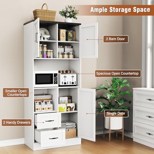 Farmhouse Kitchen Pantry Cabinet with LED Lights and Power Strip, Tall Kitchen Storage Cabinet, Kitchen Hutch with Microwave Stand & Barn Doors and Drawers for Dining Room (White) - color: White, style: Modern