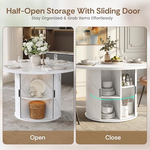3-Piece Round Dining Table Set for 2, 47-Inch Modern Faux Marble Dining Table with Half-Open Storage Shelf, Upholstered Dining Chairs with Thick Cushions (White Faux Marble Table + 2 Beige Chairs) - color: White Faux Marble Table + 2 Beige Chairs-196, siz