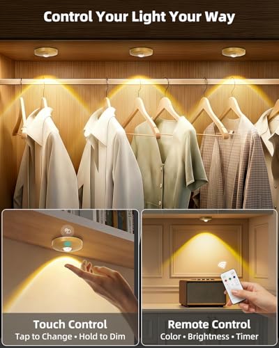 Rechargeable Puck Lights with Remote Control, 1500mAh Battery Operated Tap Lights, Dimmer & Timer Under Cabinet, Wireless LED Stick-On for Closet, Bedroom, Kitchen - Gold 12Pcs - color: Gold