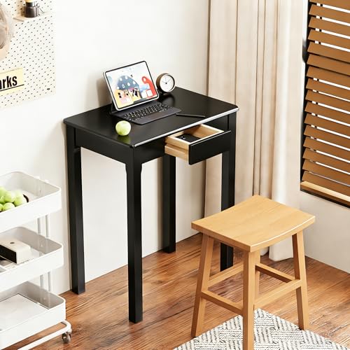 Solid Wood Desk with Drawers - 24 x 16 Inch Simple Narrow Desks, Rubber Wood Study Table, Small Writing Desk for Small Spaces|Bedroom - Modern Black Desks - color: Black, size: 23.6 in W x 15.7 in D