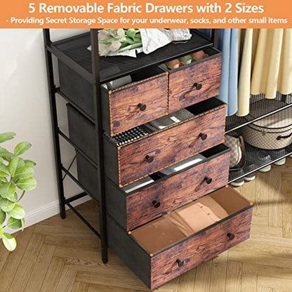 Freestanding Clothes Rack with 5 Drawers & 4 Storage Shelves,2 Hanging Rods | 59.1" W*70.9" H Heavy Duty Clothing Rack, Wardrobe Closet Organizer System with 5 Hooks, Garment Rack (Rustic) - color: Rustic