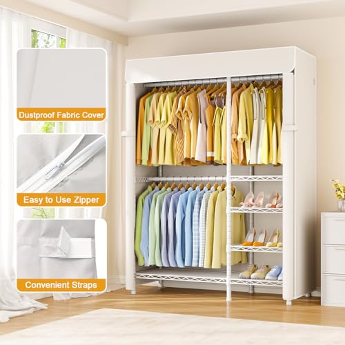 F2C Clothes Rack with Cover, White Closet with Beige Cover | Heavy Duty Clothing Racks with Shelves for Hanging Clothes, Portable Garment Rack, 47.2"W x 16.5"D x 78.3"H, Load 630lbs - color: White Closet with Beige Cover