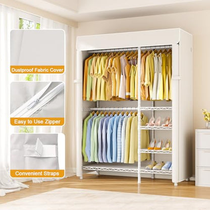F2C Clothes Rack with Cover, White Closet with Beige Cover | Heavy Duty Clothing Racks with Shelves for Hanging Clothes, Portable Garment Rack, 47.2"W x 16.5"D x 78.3"H, Load 630lbs - color: White Closet with Beige Cover