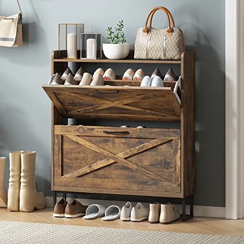 Maupvit Shoe Storage Cabinet with 2 Flip Drawers, Freestanding Shoe Organizer with Metal Legs for Entryway, Narrow Shoe Rack Cabinet, Rustic Brown - color: Rustic Brown, style: 2-Drawers