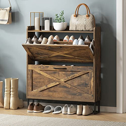 Maupvit Shoe Storage Cabinet with 2 Flip Drawers, Freestanding Shoe Organizer with Metal Legs for Entryway, Narrow Shoe Rack Cabinet, Rustic Brown - color: Rustic Brown, style: 2-Drawers