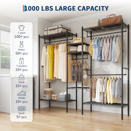 PioneerWorks Heavy Duty Garment Rack 1210 LBS, Commercial Clothing Rack with 4 Adjustable Shelves, Freestanding Wardrobe Closet Organizer, Metal Storage Rack for Home, Retail, Laundry Room - size: 73.6"W x 17.3"D x 76.4"H