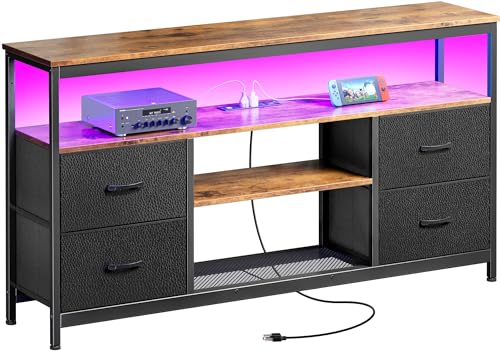 Huuger TV Stand Dresser with Power Outlets and LED Lights, 4 Drawers Entertainment Center with Shelves, 54 Inch Media Console for 55 60 Inch TV, PU Finish, Rustic Brown and Black - color: Rustic Brown and Black, size: 54 Inches