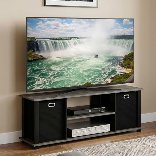 3-Tier Rectangular Entertainment Center with Open Back and Storage Bins, TV Console for TV up to 46 Inch, TV Stand, for Bedroom, Living Room, French Oak - color: French Oak, size: Fit TV up to 46 in