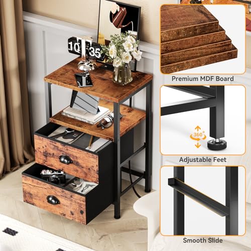 Night Stand Set 2 with Charging Station, LED Light, 2 Drawers, Rustic Brown | Night Stand Set 2 with USB & Outlets, Side Table with Storage, Industrial End Table, for Living Room/Bedroom, Dorm - color: Rustic Brown