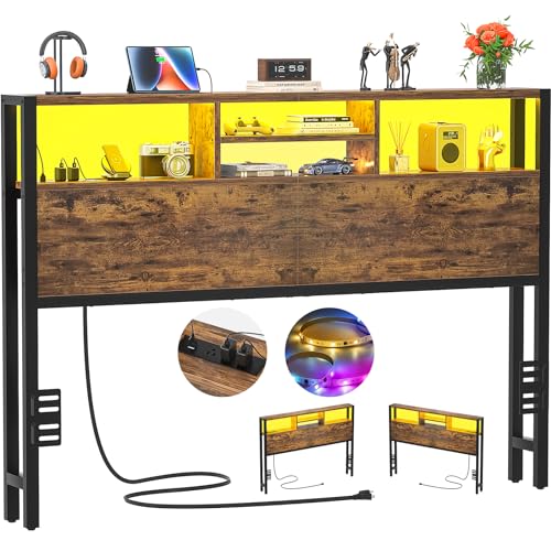 Aheaplus Headboard for Queen Size Bed with Storage, Headboards with Outlets, USB Ports and LED Light, Queen Head Board Only, Height Adjustable, Reversible, Sturdy and Stable Headboard, Rustic Brown - color: Rustic Brown, size: Queen, style: Wood