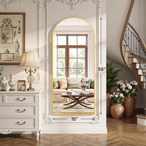 OLIXIS 56"x15.5" Arched Full Length Gold Mirror for Bedroom | Full Body Mirror with Stand, Hanging or Leaning for Wall, Aluminum Alloy Thin Frame Floor Standing for Living Room, Long - color: Gold-arched, size: 56.5"L x 15"W