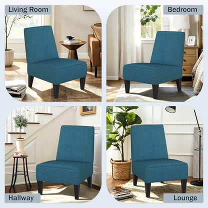 Armless Accent Chairs Set of 2, Blue Upholstered Linen Slipper Chair with Solid Wood Legs, Mid Century Modern Side Chairs for Small Living Room Bedroom Apartment Reading Nook - color: Blue