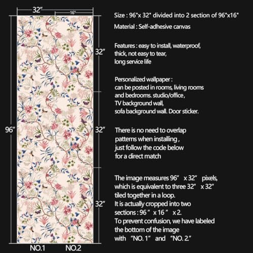 Pink Flowers Peel and Stick self Adhesive Wallpaper Floral - 96''x32'' - color: X18, size: 96"x32"