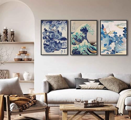 3Pcs Japanese Wall Art Great Wave Hokusai Canvas Pictures Kanagawa Paintings Blue Asian Landscape Posters Prints for Room Office Bathroom Home Wall Decor Gifts for Japan Lovers Unframed - color: Waves Posters, size: 16"Lx12"W