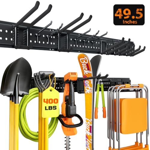 Garage Tool Organizer Wall Mount 49.5 inches with 10 Adjustable Heavy-Duty Hooks, Garage Organization, Garden Tool Storage Rack for Garage, Yard, and Shed, Holds Up to 400 lbs - color: Black, size: 48" | 3 Panels + 10 Hooks