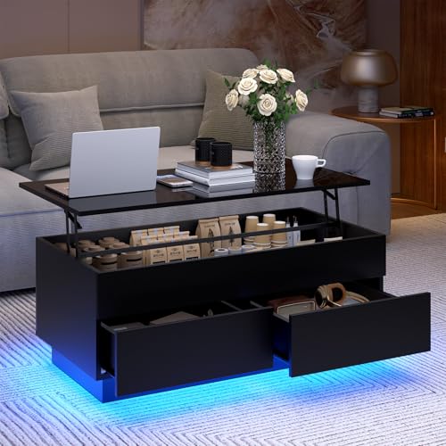 HOMMPA LED Coffee Table with Lift Top Morden Coffee Table with Storage High Gloss Black Sofa Table for Living Room Center Tables Hidden Compartment & 2 Drawers - color: Black, size: 2 Drawers