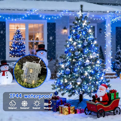 JMEXSUSS 2 Pack Blue and White Battery String Lights, Each 33ft 100 LED | Battery Powered Christmas Lights with Remote for Outside Party Birthday - color: Blue&White, size: 2*100LED