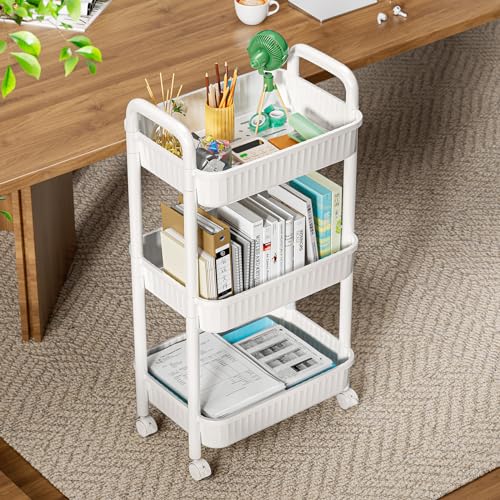 JOYZAN 3 Tier Rolling Carts with Wheels, Utility Cart with Handle and Locking Caster, Storage Cart for Kitchen, Office, Bedroom, Suitable for Diaper, Art Tools, Snack, Craft Storage Cabinet, White - size: White-3 Tier
