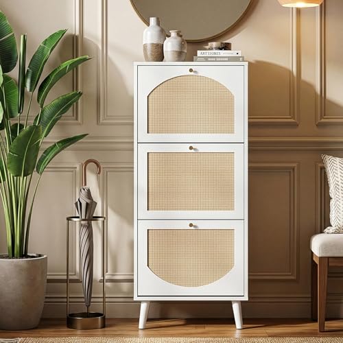 Karl home White Rattan Shoe Cabinet, 3-Tilt-Out Entryway Storage Organizer | Hidden Shoe Rack with 3 Tilt-Out Compartments for Heels, Slippers and Casual Shoes, Space Saving Entryway Furniture - color: White, size: 3-Tilt-Out