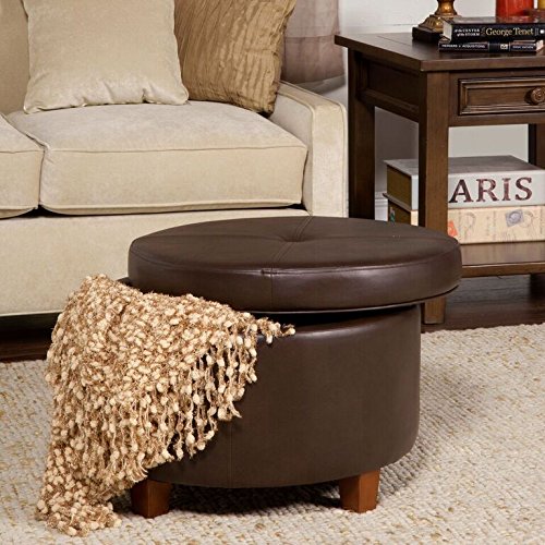 HomePop 24" Round Leatherette Storage Ottoman - Chocolate Brown - color: Brown Faux Leather