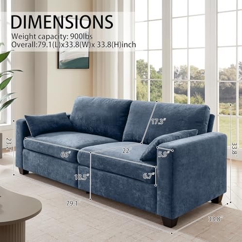 Modern Loveseat Sofa Chenille Fabric Couches (Blue) | Spring Cushions, Removable Cover, Solid Wood Frame, Wide Armrest, for Living Room, Small Space - color: Blue