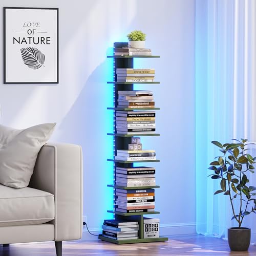 TUTOTAK Book Shelf, Narrow Spine Bookshelf, 8-Tier Bookcase with LED Lights | 10.4 x 13.4 x 47.5 Inches Vertical Freestanding Corner Shelf for Living Room, Office, Small Space, Olive Green BS06BOG008L - color: Green（led Ligths）