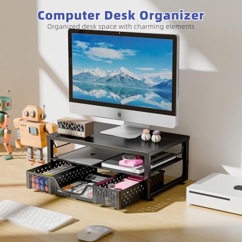 Simple Trending 2-Tier Monitor Stand Riser, Laptop & Printer Stand, Black | Metal Desk Organizer with Drawer, Desktop Organizer, Ergonomic Design, for Home Office, 16.34"W x 10.35"D x 3.5"H - size: 16.34"W x 10.35"D x 3.5"H