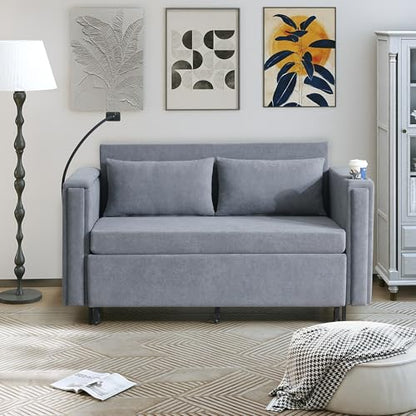 Pull Out Sofa Bed, 2-in-1 Multi-Functional Sleeper Couch Small Loveseat Bed with Hidden Side Table, Phone Holder and Cup Holder for Living Room, Small Space, Apartment (Grey) - color: 2-in-1 Grey 2 Seater