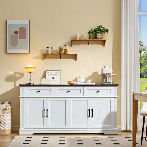 63" White Buffet Sideboard Cabinet 4 Doors and 3 Drawers Storage Cabinet | Modern Farmhouse Kitchen Coffee Bar Cabinet with Adjustable Shelves, Living Room Storage, Dining Room - color: White, size: 33"(H) x 63"(W) x 15.75"(D)