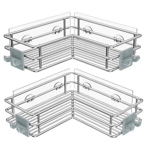 Nieifi Corner Shower Shelves, Adhesive Shower Caddy, Bathroom Organization | Stainless steel, 2 pack, wall mounted, bathroom shelves, shampoo and soap holder, bathtub storage, with hooks, silver - color: Silver