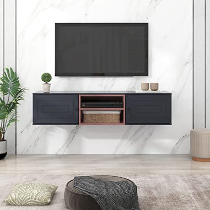 YardGo Floating TV Stand for TVs up to 65", Wall Mounted TV Cabinet with 2 Magnetic Doors & 2 Adjustable Shelves, 53'' Modern Entertainment Center Media Console for Living Room, Bedroom, Black
