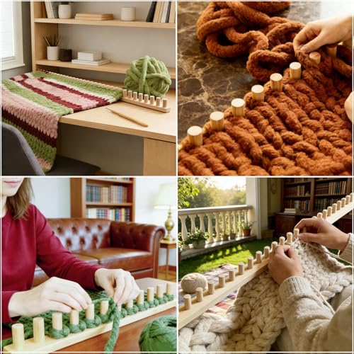 FOBEVTEF 46'' DIY Chunky Knit Blanket Loom, Wooden Loom Frame for DIY Throw Blankets, Adjustable Size Hand Knitting Kit | No Needles Required | Foldable & Portable | Beginner Friendly Yarn Craft - size: 46 inch