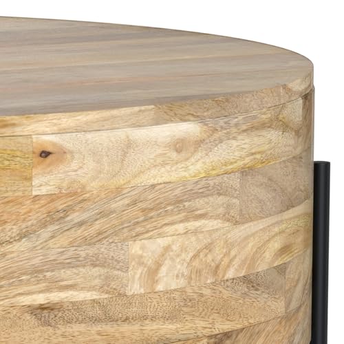 SIMPLIHOME Rayburn 38" Wide Solid Mango Wood Drum Coffee Table in Natural | Modern industrial coffee table with black metal legs and a large surface; round cocktail table or center table. - color: Refined Natural