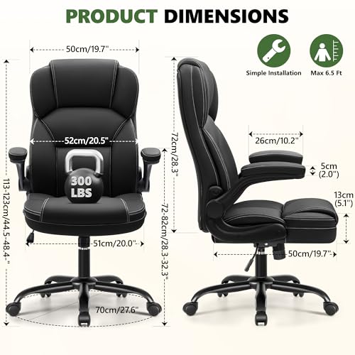Leather Office Chair with Flip Up Arms, 360° Swivel Ergonomic Desk Chair with Wheels, Adjustable Height Computer Chair with Padded Seat for Home Office, Study,Gaming Room, Black - color: Black
