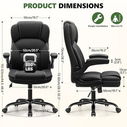 Leather Office Chair with Flip Up Arms, 360° Swivel Ergonomic Desk Chair with Wheels, Adjustable Height Computer Chair with Padded Seat for Home Office, Study,Gaming Room, Black - color: Black