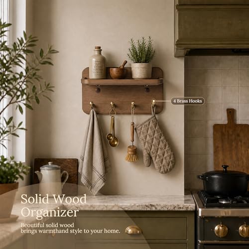 Key Holder Wall Mount, Solid Wood Key Holder for Wall with 4 Brass Hooks & Hidden Magnets, 15° Incline Hooks & Grooved Design to Prevent Slipping, Vintage Brown Key Hanger