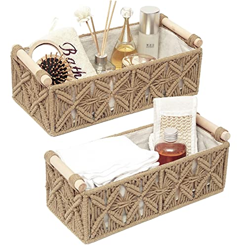 Macrame Storage Basket Boho Decor Baskets for Organizing Woven Decorative Basket for Countertop Toilet Paper Basket for Toilet Tank Top Shelf Basket with Handle for Bathroom Decor Nursery (Set of 2) - color: Beige