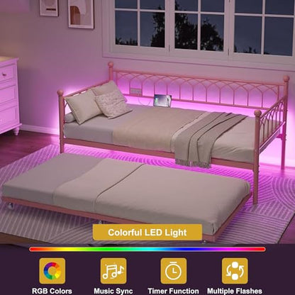 IDEALHOUSE Twin Daybed with Trundle, Day Bed with Charging Station and LED Lights, Heavy Duty Metal Bed Frame, Metal Sofa Bed Frame with Steel Slat Support for Living Room, Bedroom, Apartment, Pink | Charging Station, LED Lights, Pull-Out Trundle, Space-S