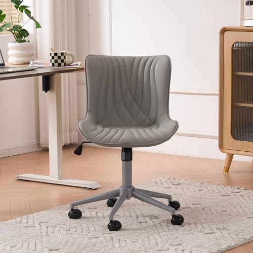 YOUTASTE Grey Armless Office Chair, Modern Adjustable Swivel Desk Chair with Wheels, Upholstered PU Leather, Gray Metal Legs, Back Support for Home Office, Study, Vanity, Bedroom - color: All Grey