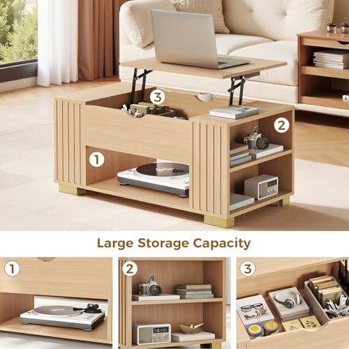 COMHOMA Lift Top Coffee Tables for Living Room, 39" Center Table with Hidden Storage Compartment, Adjustable Wooden Tea Table for Small Spaces, Natural Oak - color: Natural Oak
