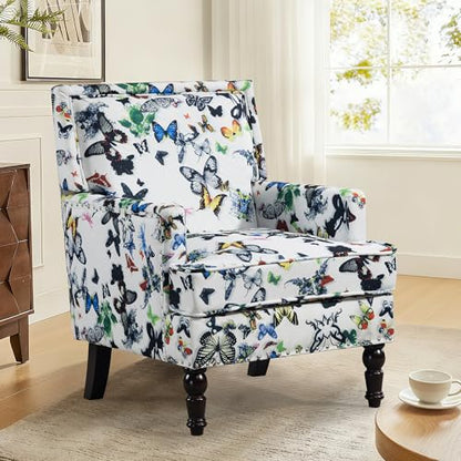 Accent Chair, Modern Comfy Accent Chairs Lounge Arm Chair | Mid-Century Linen Upholstered Wingback with Solid Wood,Single Floral Pattern Sofa Chair for Living Room/Balcony/Bedroom - color: Sackcloth001-butterfly