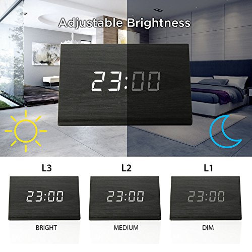 Digital Alarm Clock Wooden Alarm Clock Wood Modern Triangle Alarm Digital Desk Clock, Displays Time Date Temperature Calendar Wood Made Electric Clocks for Bedroom, Bedside - Black - color: Black