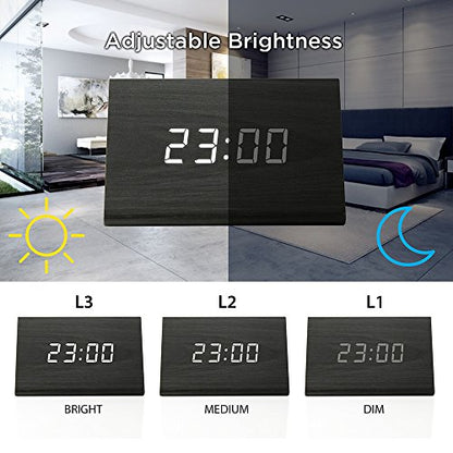 Digital Alarm Clock Wooden Alarm Clock Wood Modern Triangle Alarm Digital Desk Clock, Displays Time Date Temperature Calendar Wood Made Electric Clocks for Bedroom, Bedside - Black - color: Black