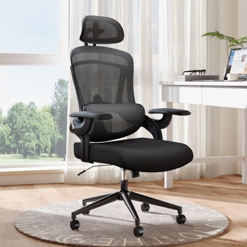 DUMOS Executive Home Office Chair, Ergonomic Computer Desk Chair, Mesh | 300 LBS, High Back, 2D Headrest, Adjustable Lumbar Support, Flip-up Armrests, Swivel Wheels, Black - color: Black